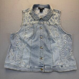 Midnight Velvet Womens 2X Denim Vest Light Wash Pearl Embroidered Western Boho